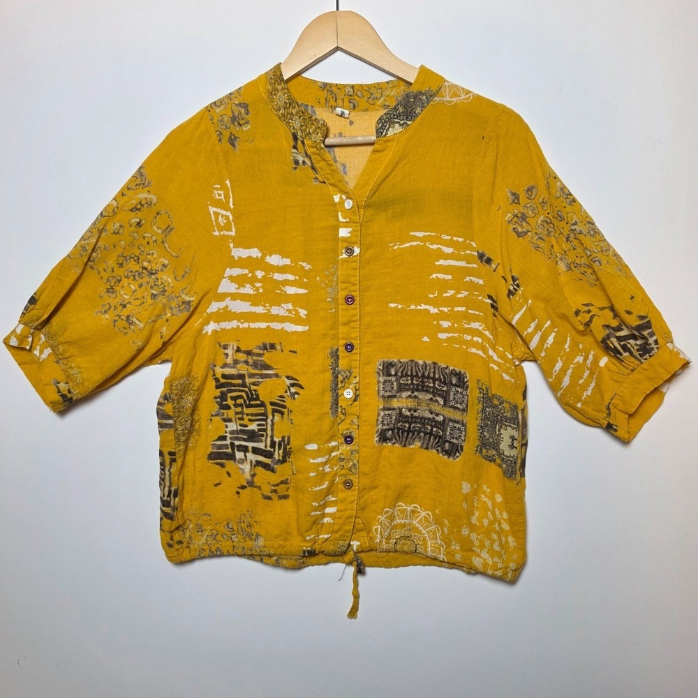 Abstract Tribal Print Button Up Blouse Mustard Yellow Large